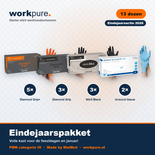 Workpure Eindejaarspakket: 5 Diamond Grip+, 3 Diamond Grip, 3 Nitril Black, 2 ni-touch blauw