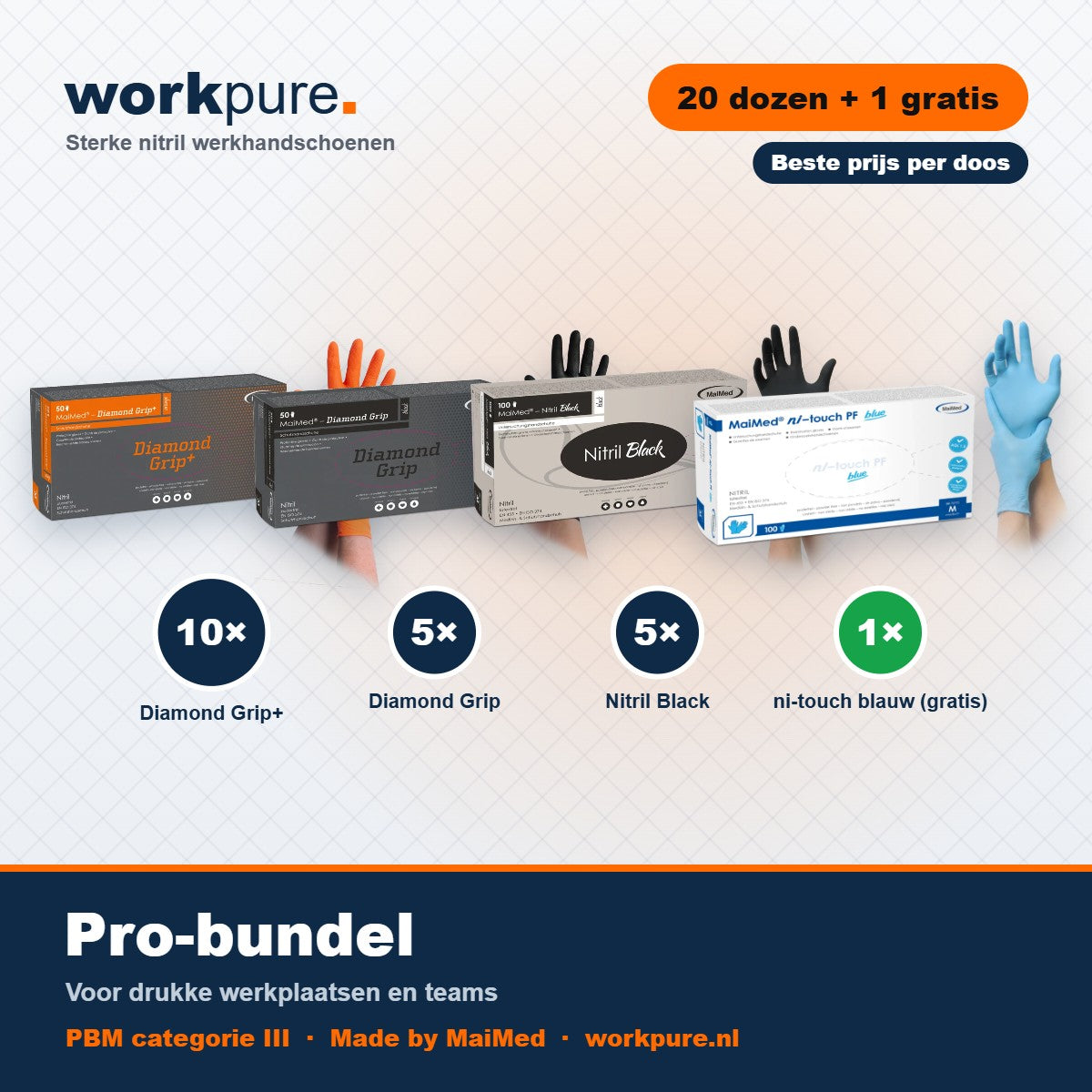 Workpure Pro-bundel: 10 dozen Diamond Grip+, 5 dozen Diamond Grip, 5 dozen Nitril Black en 1 doos ni-touch gratis