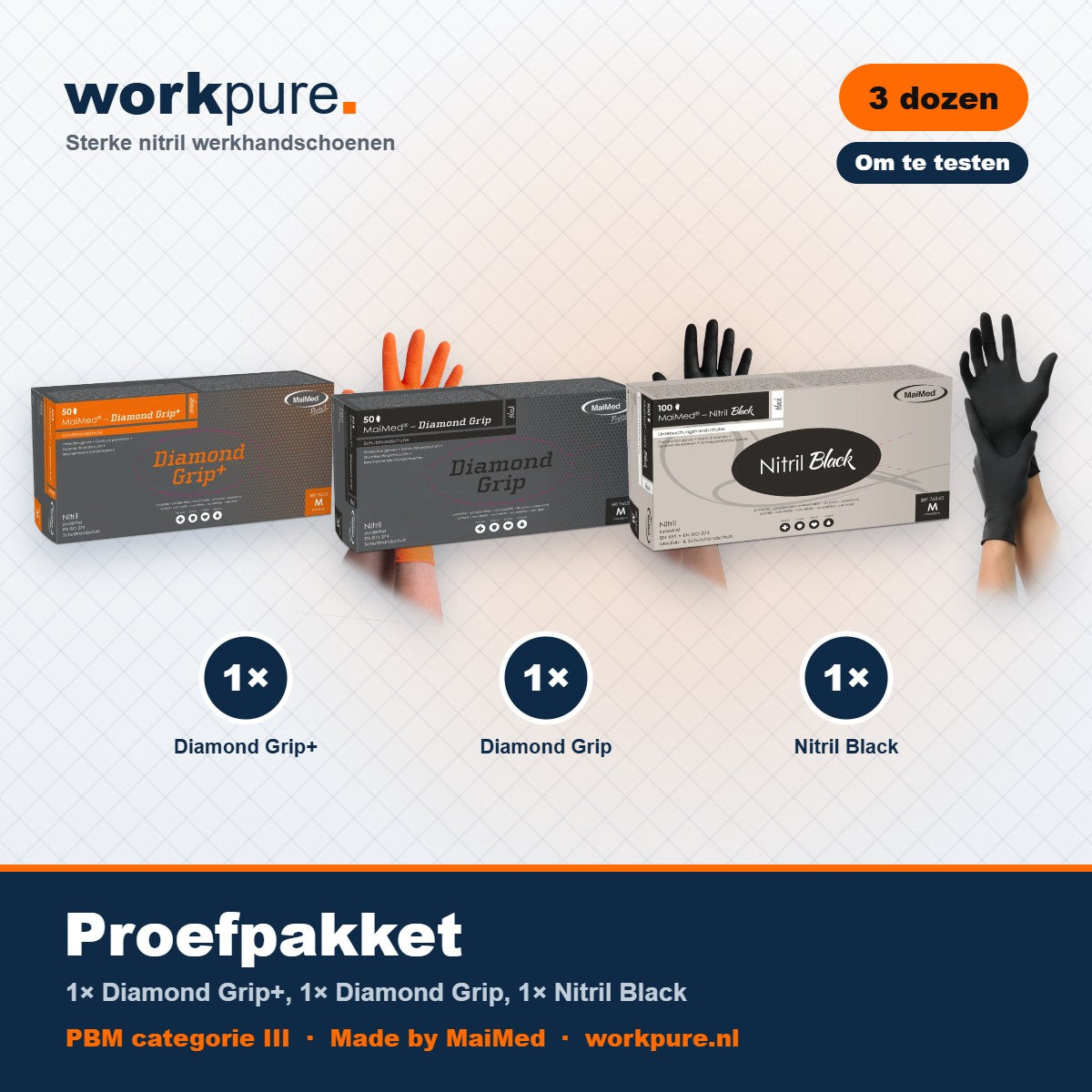 Workpure Proefpakket: 1 doos Diamond Grip+, 1 doos Diamond Grip, 1 doos Nitril Black