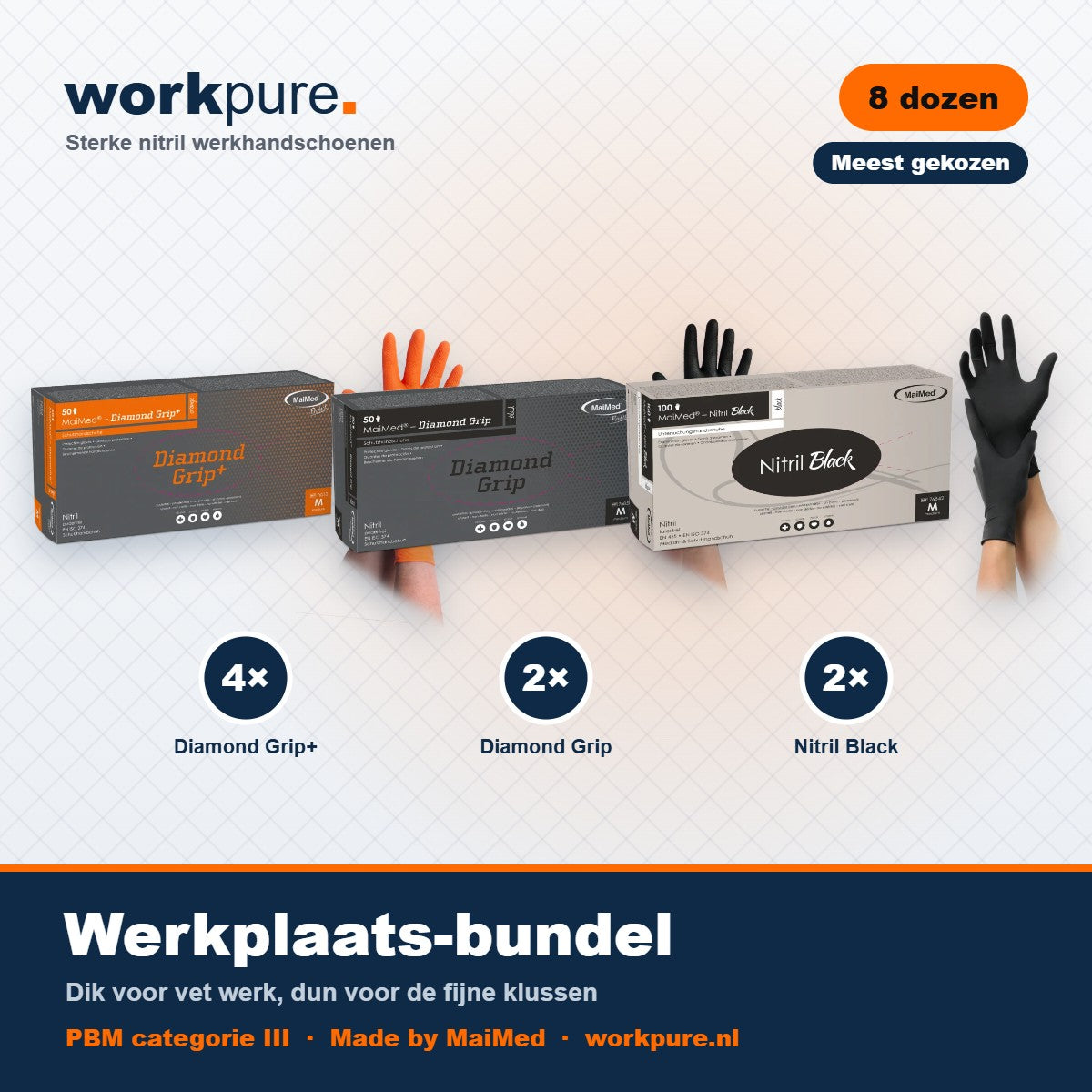 Workpure Werkplaats-bundel: 4 dozen Diamond Grip+, 2 dozen Diamond Grip, 2 dozen Nitril Black